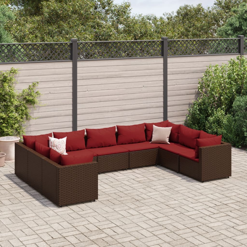 9 pcs conjunto lounge de jardim c/ almofadões vime PE castanho