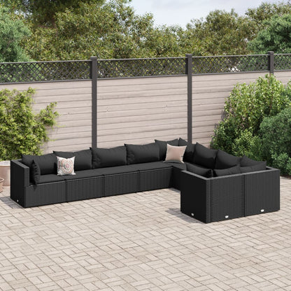 9 pcs conjunto de sofás p/ jardim c/ almofadões vime PE preto