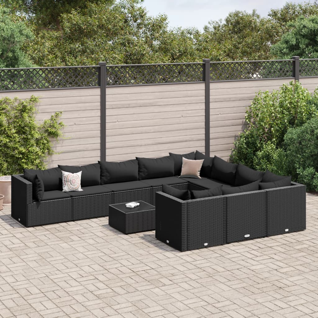 11 pcs conjunto sofás de jardim c/ almofadões vime PE preto