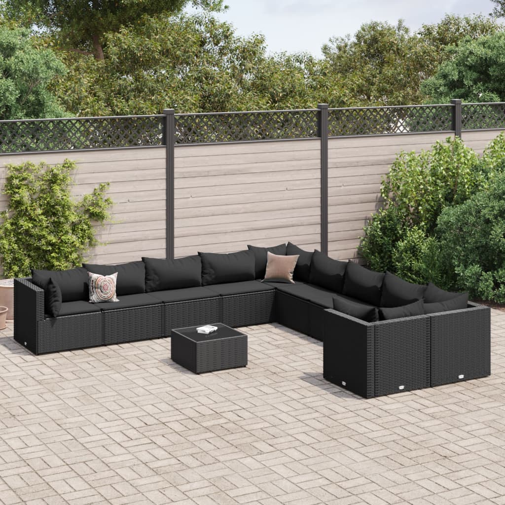 11 pcs conjunto sofás de jardim c/ almofadões vime PE preto