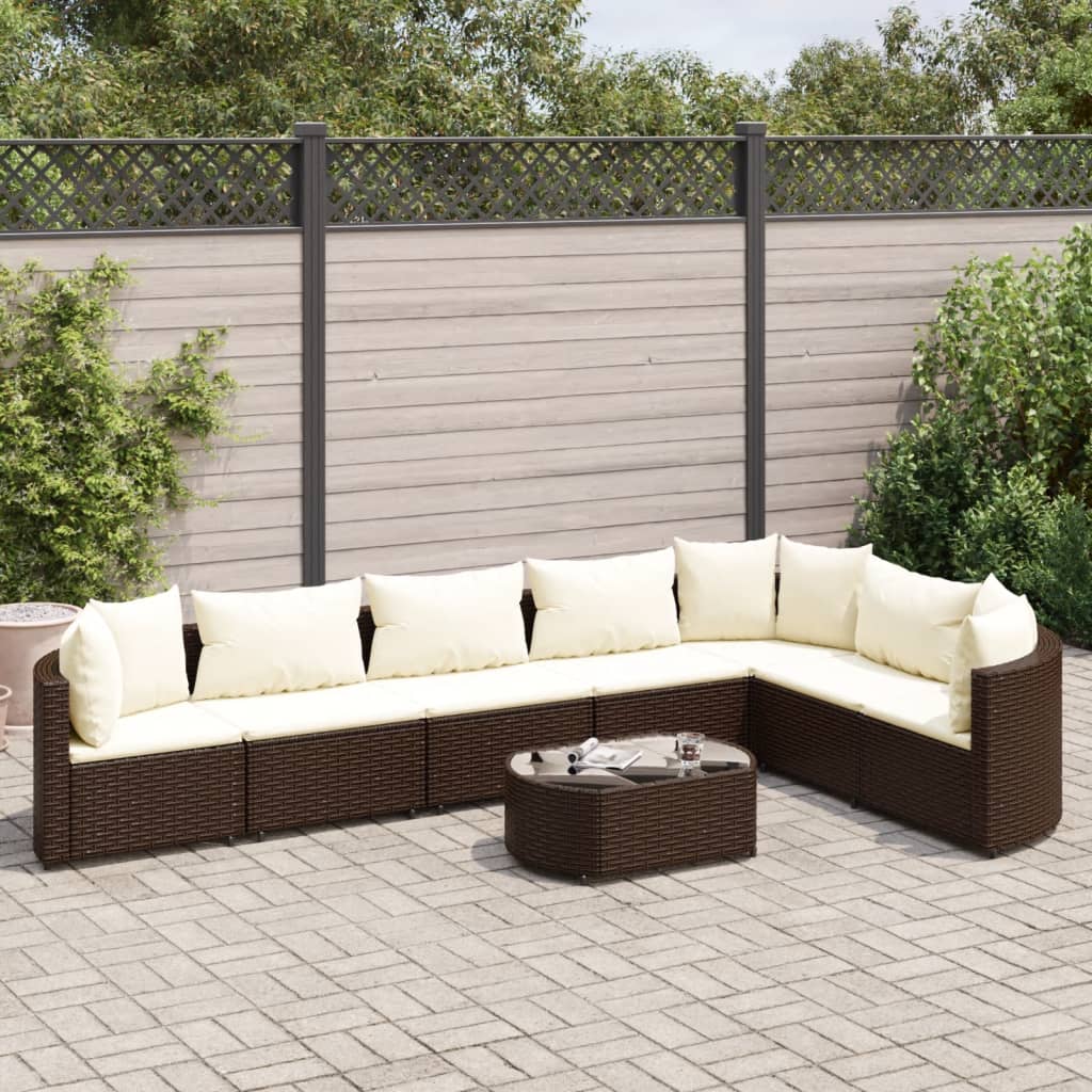 8 pcs conjunto sofás de jardim c/ almofadões vime PE castanho