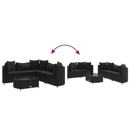 6 pcs conjunto sofás de jardim c/ almofadões vime PE preto