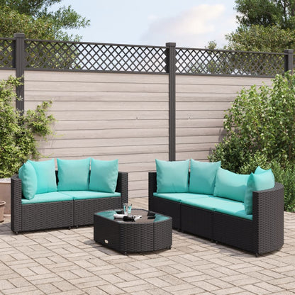 6 pcs conjunto sofás de jardim c/ almofadões vime PE preto