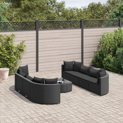 9 pcs conjunto de sofás p/ jardim c/ almofadões vime PE preto