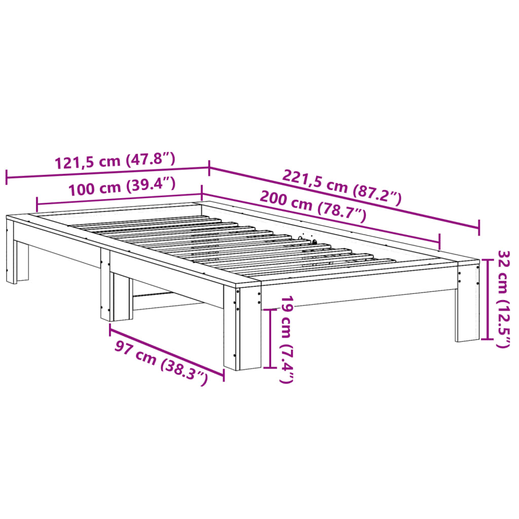 Cama sem colchão 100x200 cm madeira de pinho maciça branco