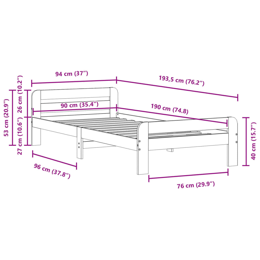 Cama sem colchão 90x190 cm madeira de pinho maciça branco