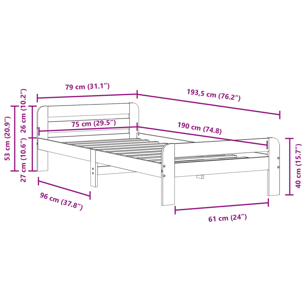 Cama sem colchão 75x190 cm madeira de pinho maciça branco