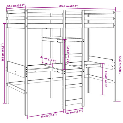 Cama alta com secretárias e prateleiras 90x200 cm pinho maciço