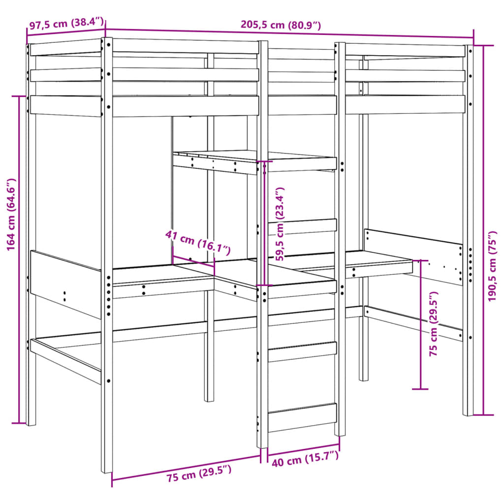 Cama alta c/ secretárias/prateleiras 90x200 cm pinho branco