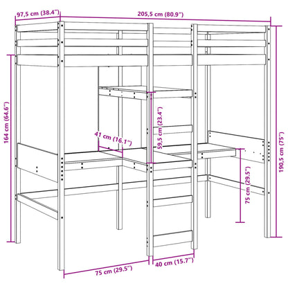 Cama alta c/ secretárias/prateleiras 90x200 cm pinho branco