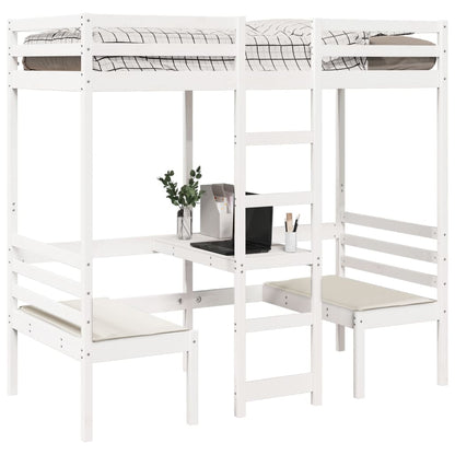 Cama alta c/ secretária/cadeiras 90x200 cm pinho maciço branco