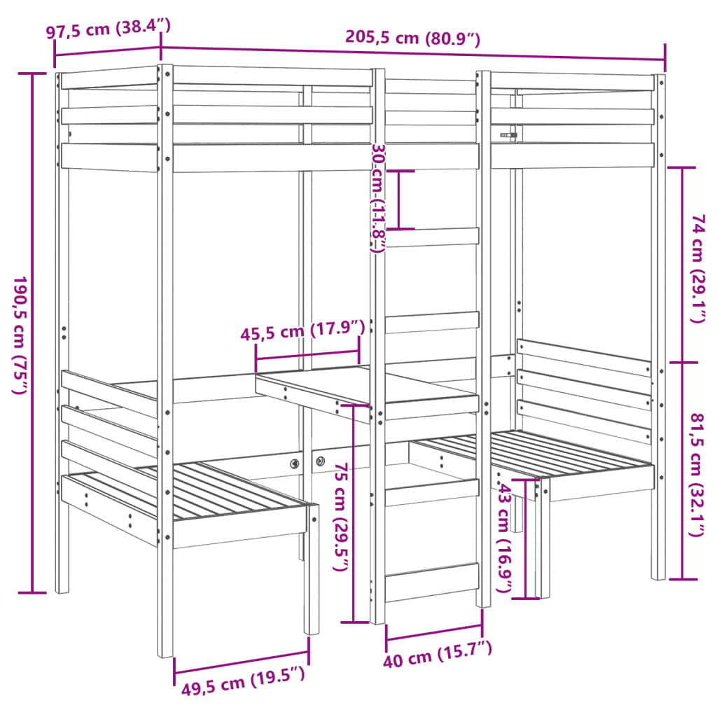 Cama alta c/ secretária/cadeiras 90x200 cm pinho maciço branco