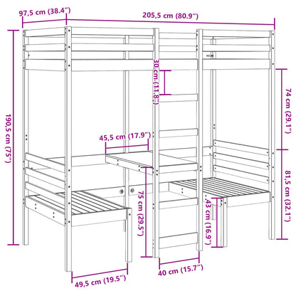 Cama alta c/ secretária/cadeiras 90x200 cm pinho maciço branco