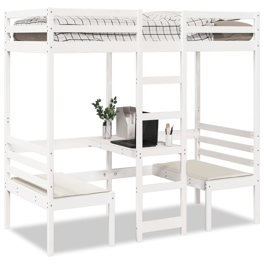 Cama alta c/ secretária/cadeiras 90x200 cm pinho maciço branco