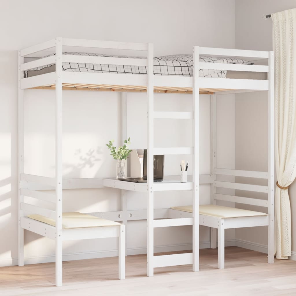 Cama alta c/ secretária/cadeiras 80x200 cm pinho maciço branco