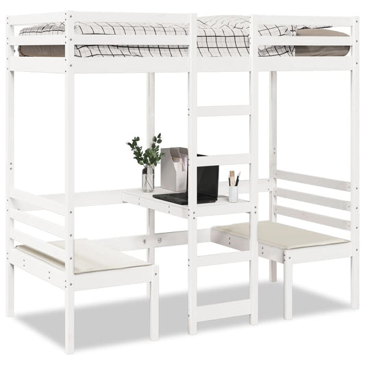 Cama alta c/ secretária/cadeiras 80x200 cm pinho maciço branco