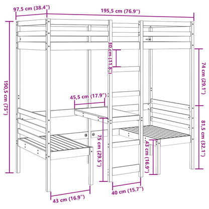 Cama alta com secretária e cadeiras 90x190 cm pinho maciço