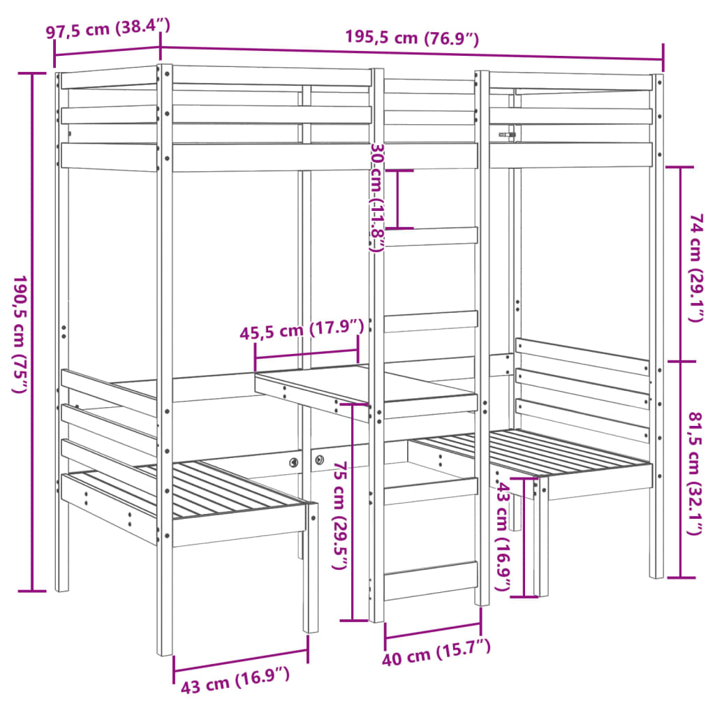 Cama alta c/ secretária/cadeiras 90x190 cm pinho maciço branco