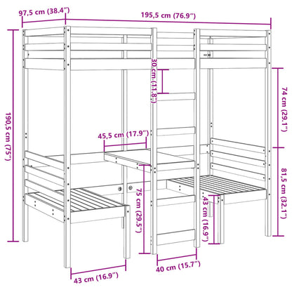 Cama alta c/ secretária/cadeiras 90x190 cm pinho maciço branco