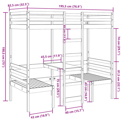 Cama alta com secretária e cadeiras 75x190 cm pinho maciço