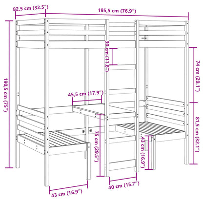 Cama alta c/ secretária/cadeiras 75x190 cm pinho maciço branco