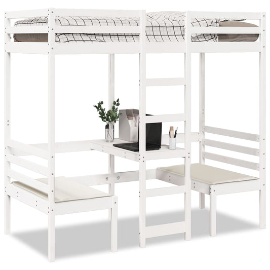 Cama alta c/ secretária/cadeiras 75x190 cm pinho maciço branco