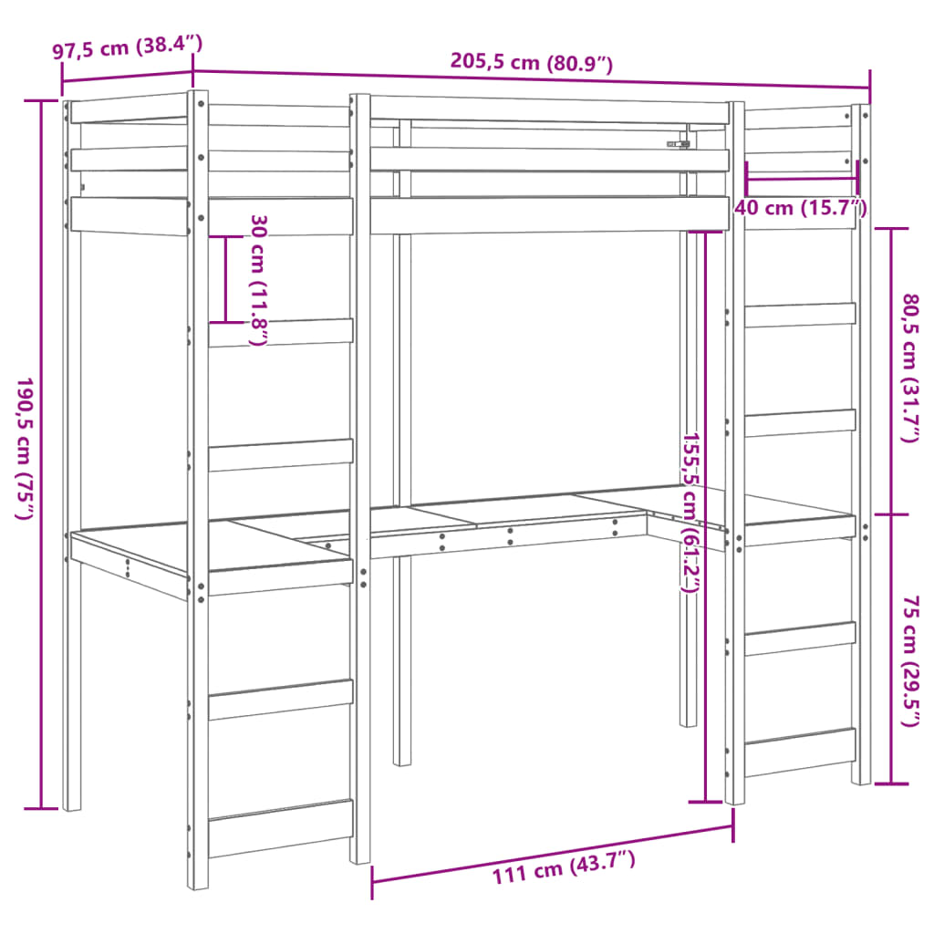 Cama alta com secretária 90x200 cm pinho maciço branco