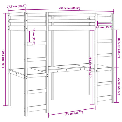 Cama alta com secretária 90x200 cm pinho maciço branco