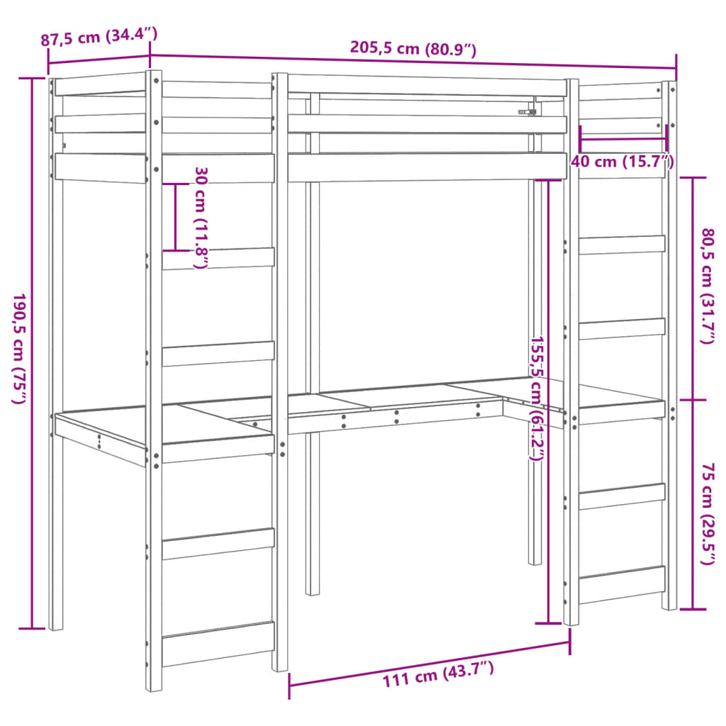 Cama alta sem colchão 80x200 cm pinho maciço branco