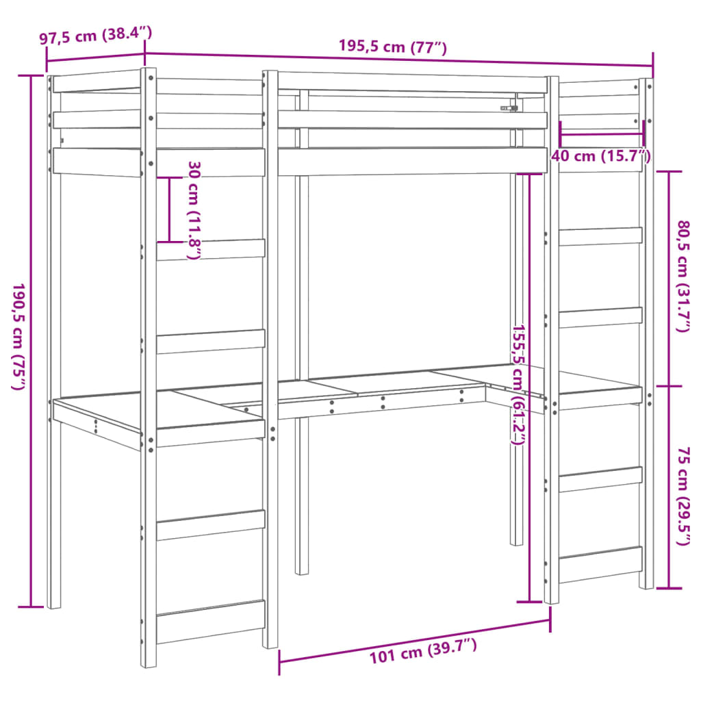 Cama alta sem colchão 90x190 cm pinho maciço