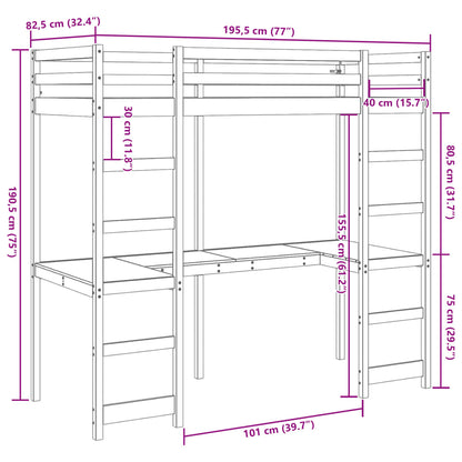 Cama alta sem colchão 75x190 cm pinho maciço