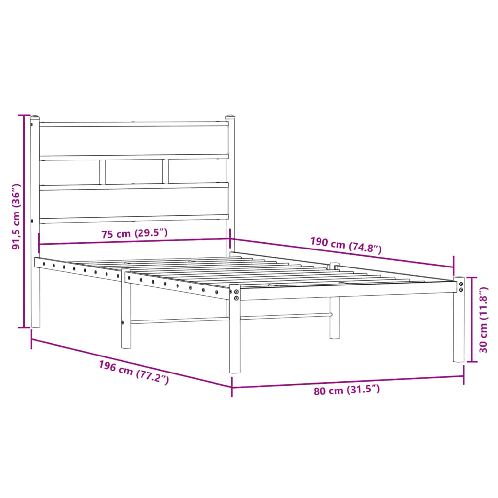 Estrutura de cama sem colchão 75x190 cm metal carvalho fumado