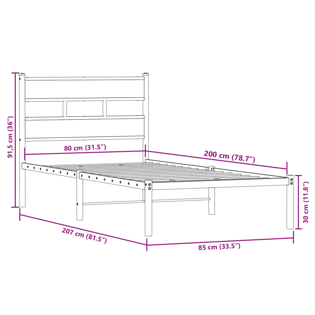 Estrutura de cama sem colchão 80x200 cm metal carvalho fumado