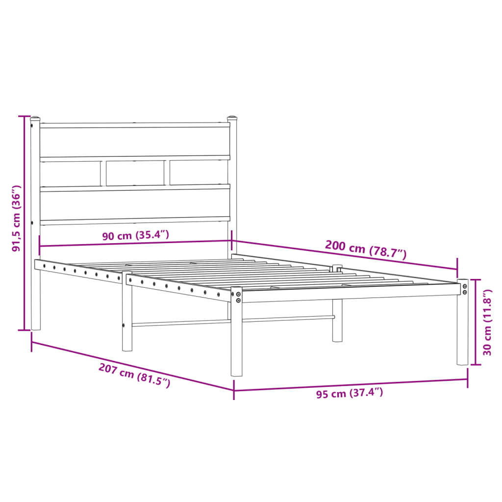 Estrutura de cama sem colchão 90x200 cm metal carvalho fumado