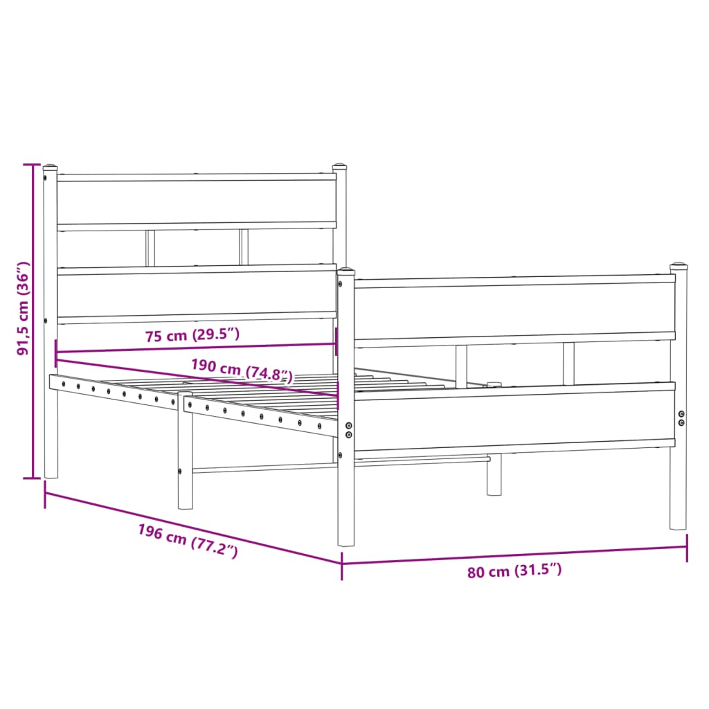 Estrutura de cama sem colchão 75x190 cm metal carvalho sonoma