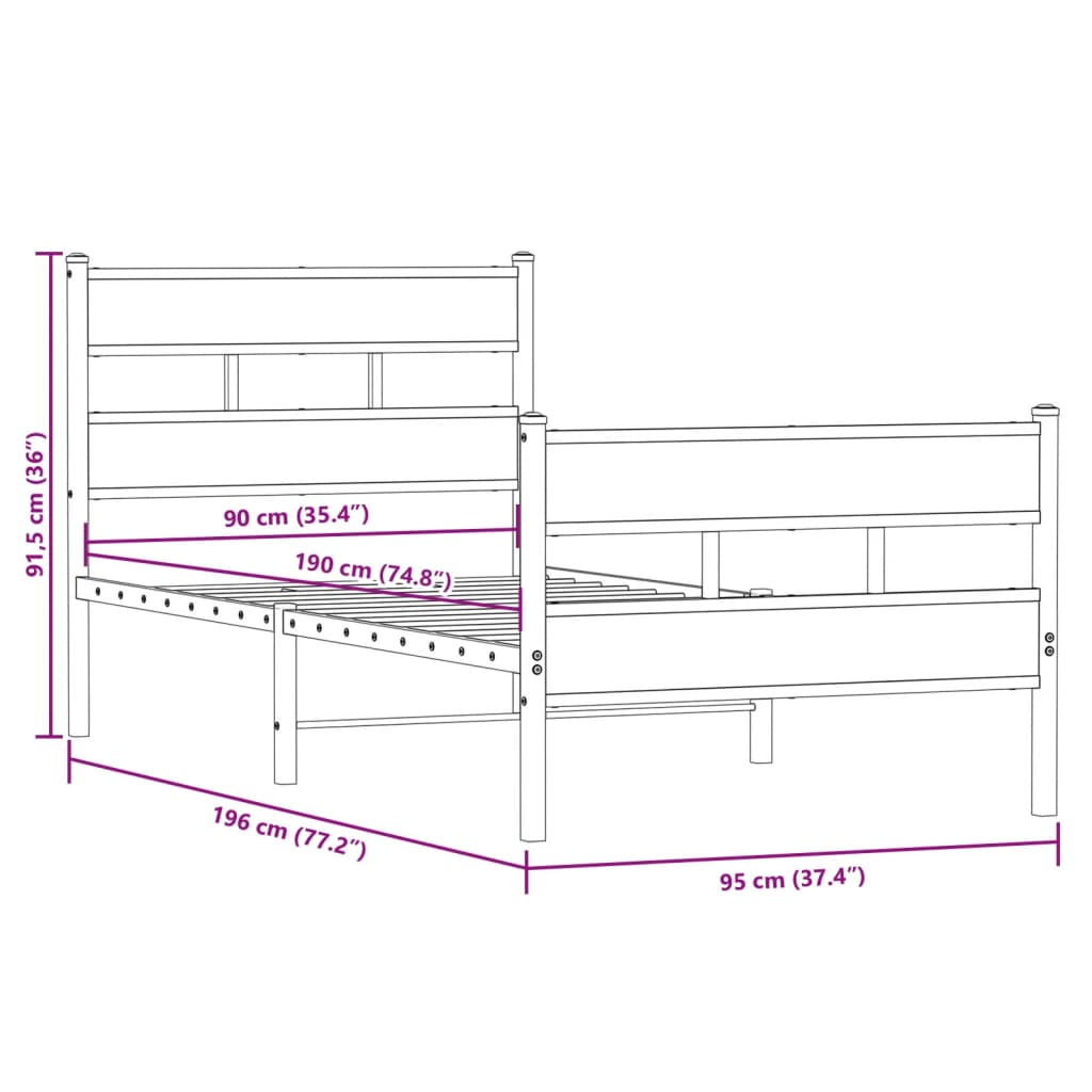 Estrutura de cama sem colchão 90x190 cm metal carvalho sonoma