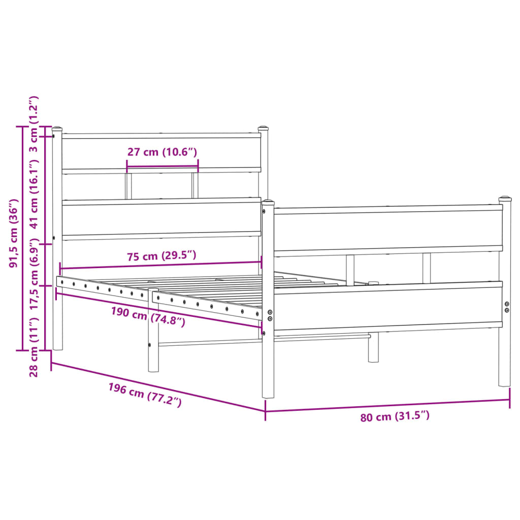 Cama sem colchão com cabeceira e pés 75x190 cm