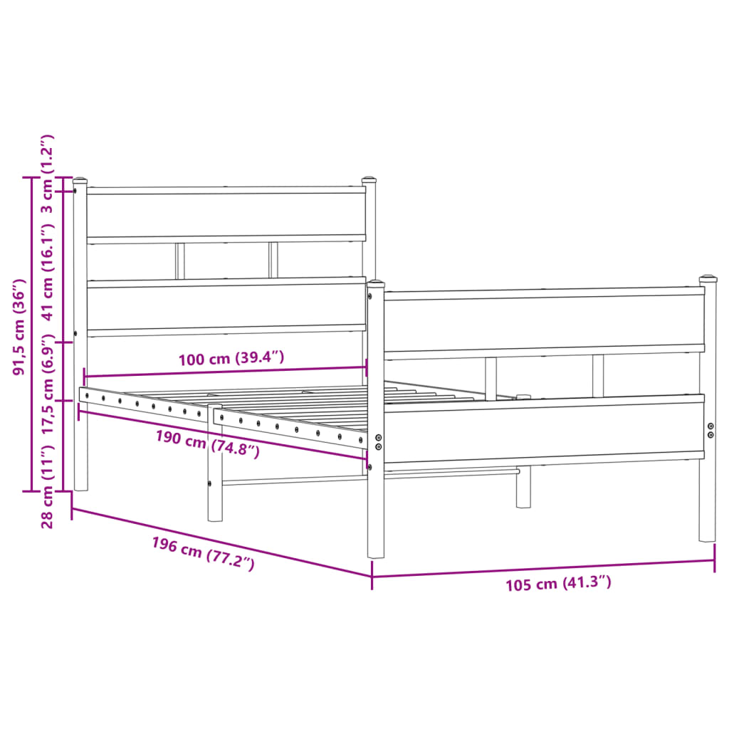 Cama sem colchão com cabeceira e pés 100x190 cm