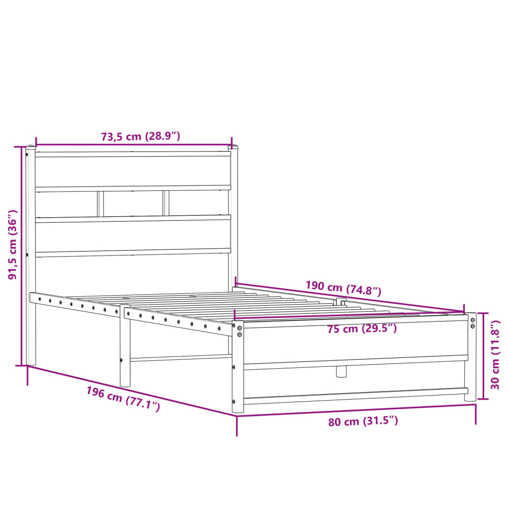 Estrutura de cama sem colchão 75x190 cm metal carvalho sonoma