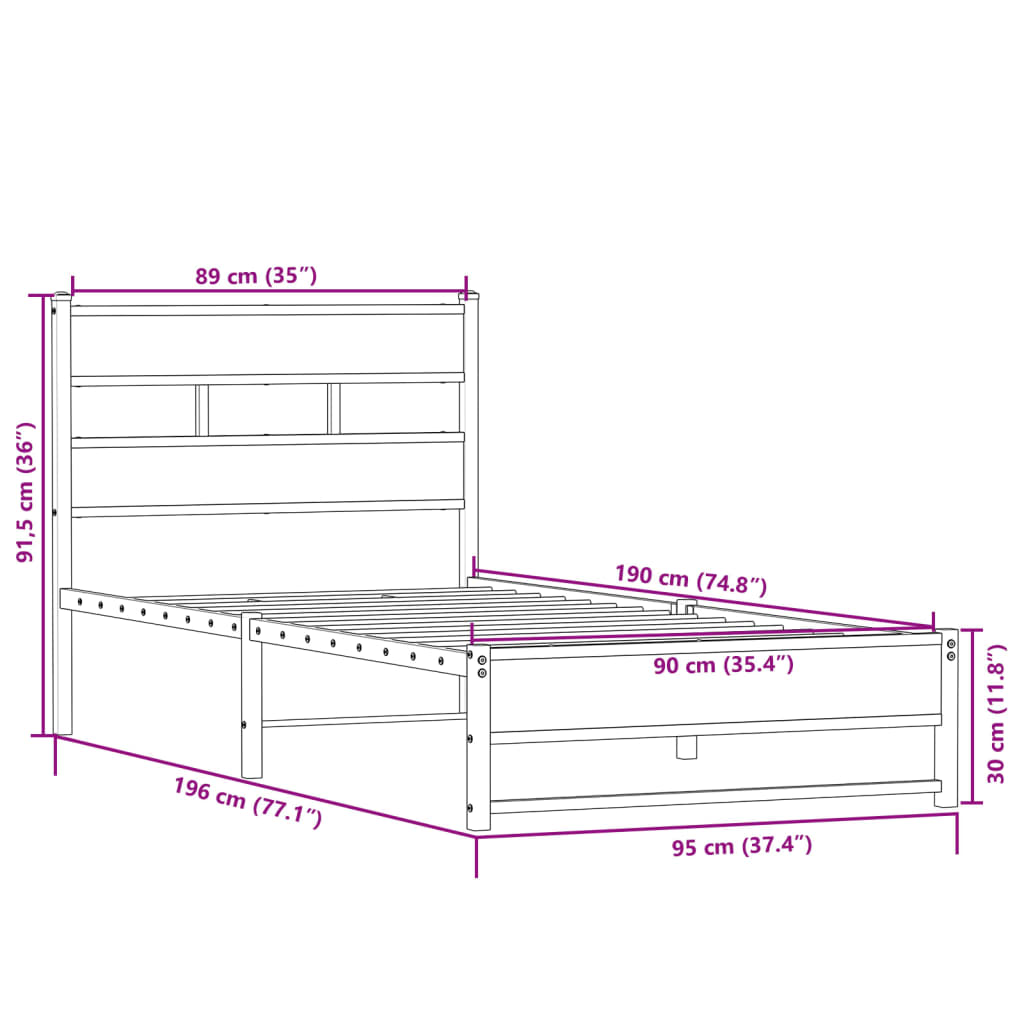 Estrutura de cama sem colchão 90x190 cm metal carvalho sonoma