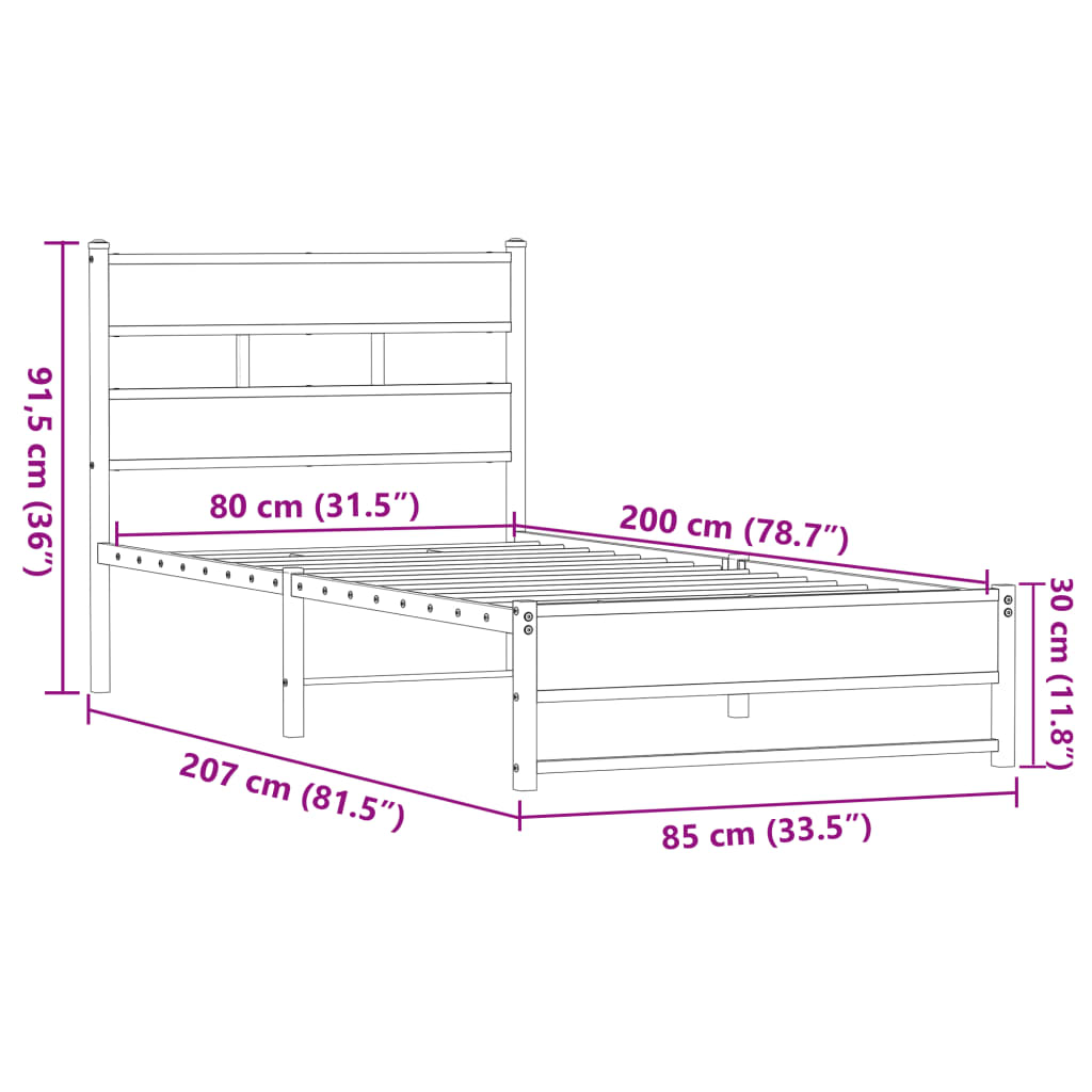 Estrutura de cama sem colchão 80x200 cm metal carvalho castanho