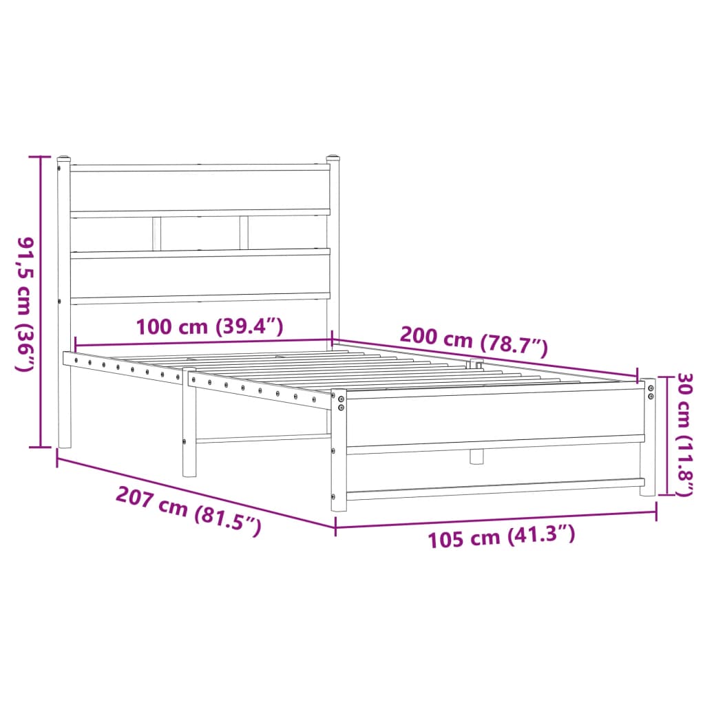 Estrutura de cama sem colchão 100x200cm metal carvalho castanho