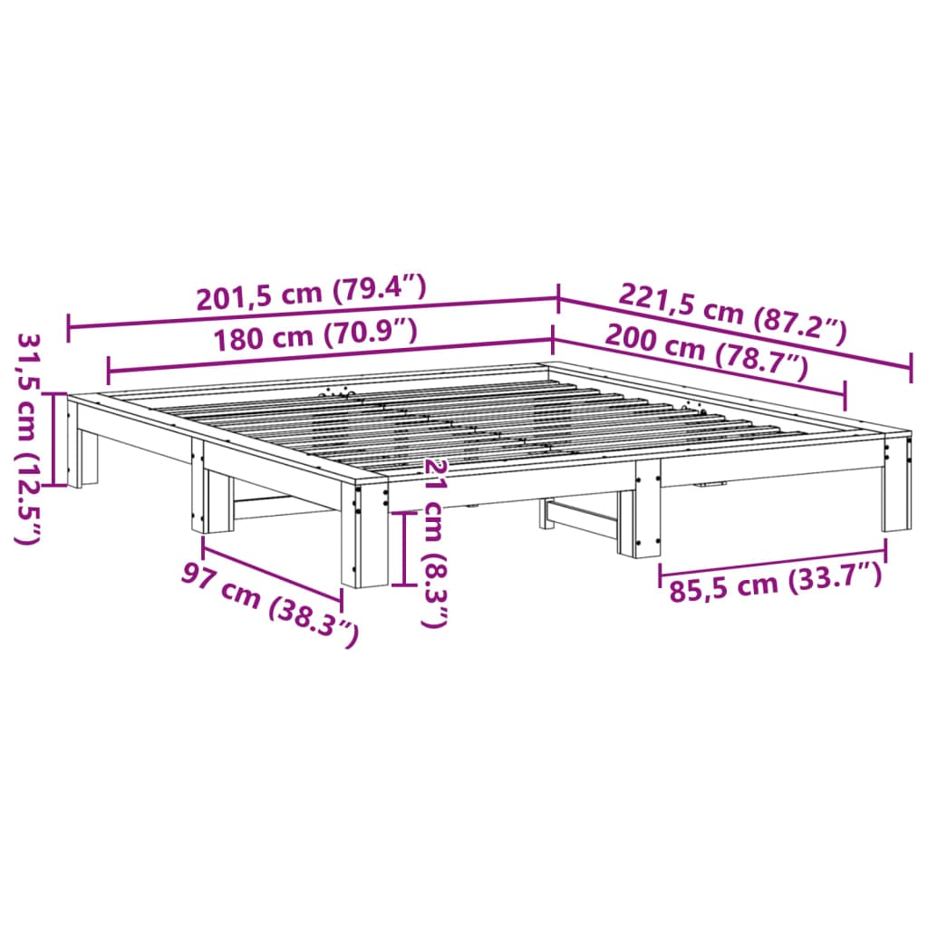 Cama sem colchão 180x200 cm madeira de pinho maciça branco