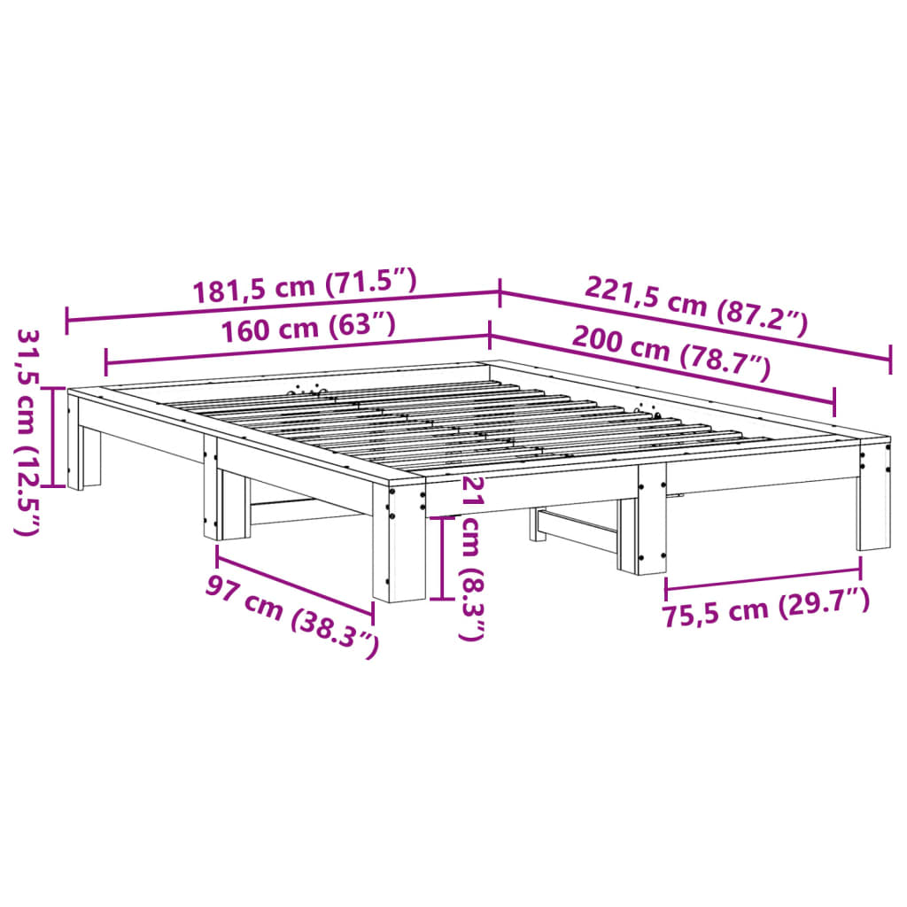 Cama sem colchão 160x200 cm madeira de pinho maciça branco