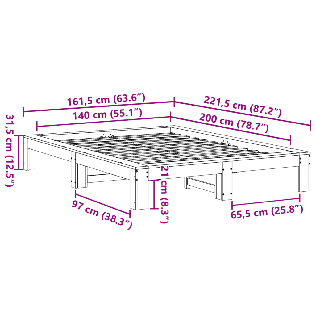 Cama sem colchão 140x200 cm madeira de pinho maciça branco