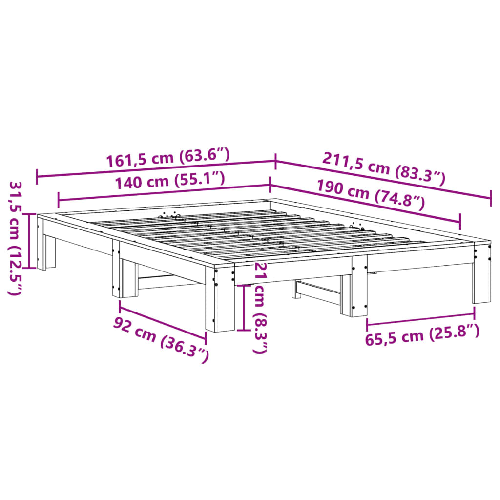 Cama sem colchão 140x190 cm madeira de pinho maciça branco