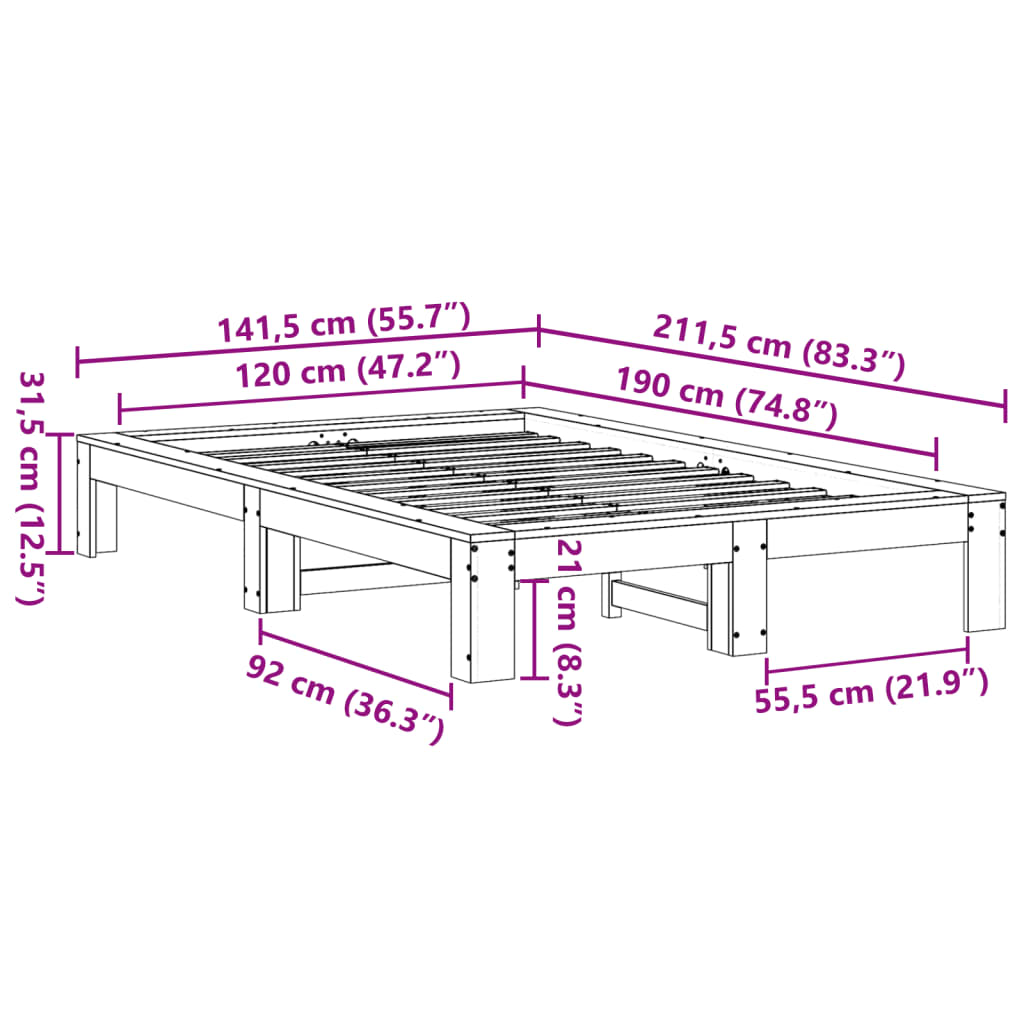 Cama sem colchão 120x190 cm madeira de pinho maciça branco