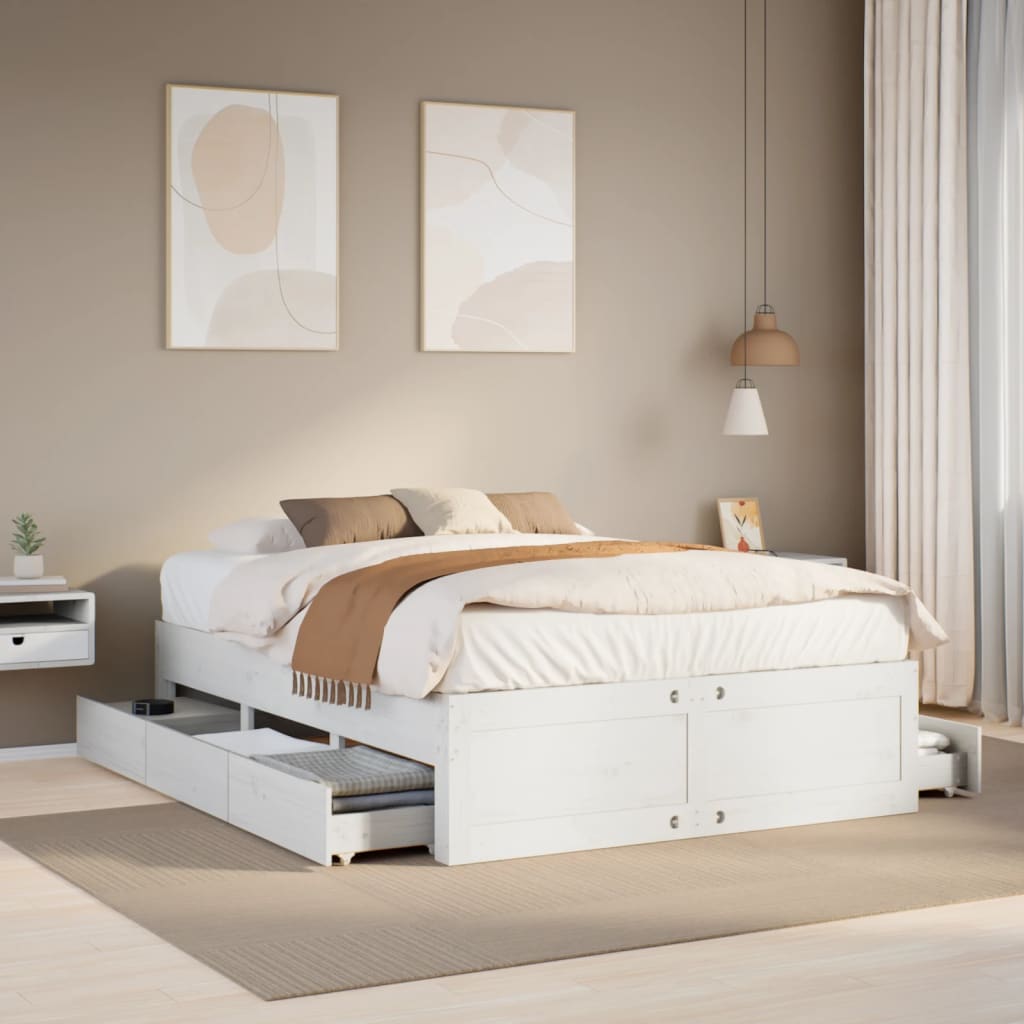 Cama sem colchão com gavetas 160x200 cm pinho maciço branco