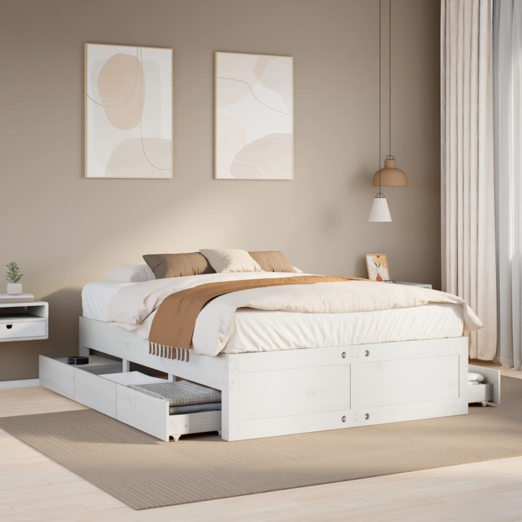 Cama sem colchão com gavetas 150x200 cm pinho maciço branco