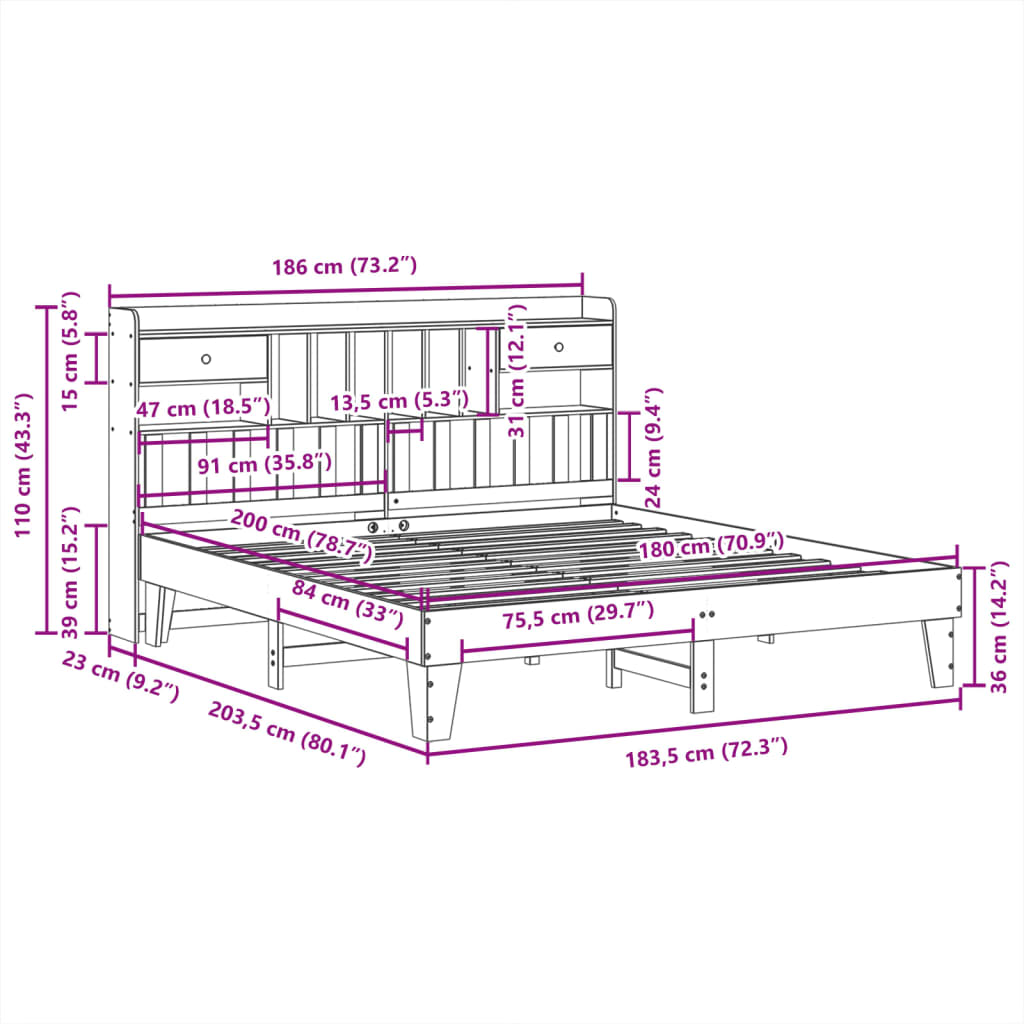 Cama sem colchão 180x200 cm madeira de pinho maciça branco